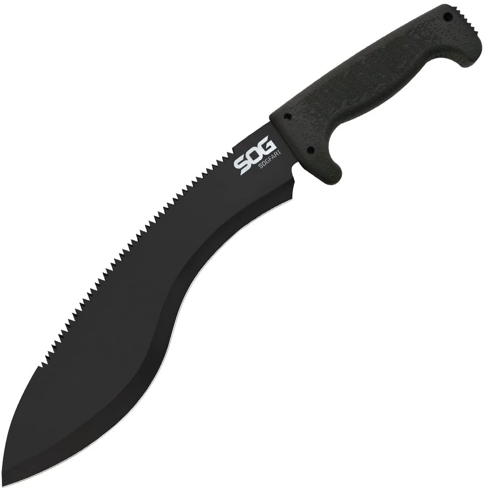SOG - SOGfari Kukri Machete, Hardcased Black 12" Blade w/ Saw Back, Rubber Handle, and Nylon Sheath