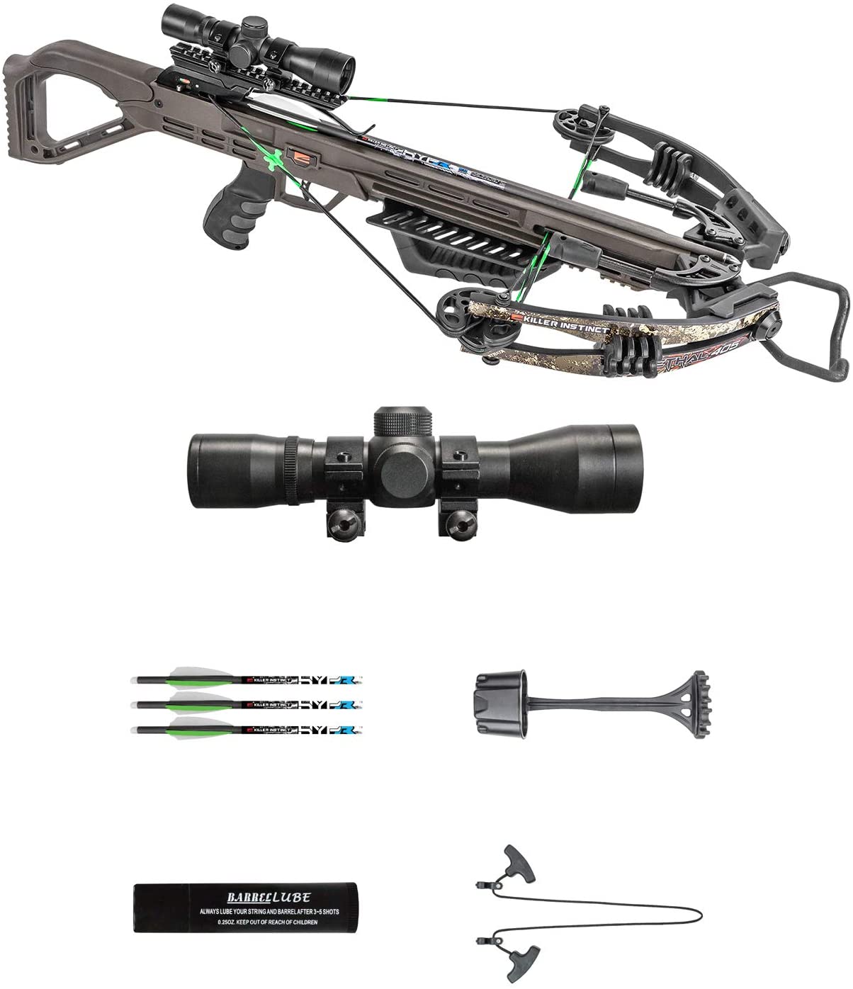 Killer Instinct - LETHAL 405 Crossbow Pro Package with 4 x 32 Non-Illuminated Scope, Rope Cocker, String Suppressors, 3-Bolt Quiver, 3 HYPR Lite Bolts and Field Tips
