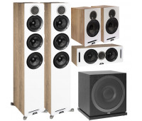 ELAC 5.1 Channel Debut Reference DFR52 Floorstanding Speaker System - White/Oak 5.1 with DCR52-BK + DBR62-BK Pair and ELAC Subwoofer SUB3010