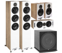 ELAC 5.1 Channel Debut Reference DFR52 Floorstanding Home Theater Speaker System - White/Oak With DCR52-BK + DBR62-BK-Pair and ELAC Subwoofer SUB3030