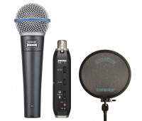 Shure BETA 58A Dynamic Vocal Microphone + X2U Microphone to USB Adapter + PS-6 - Popper Stopper Windscreen Bundle